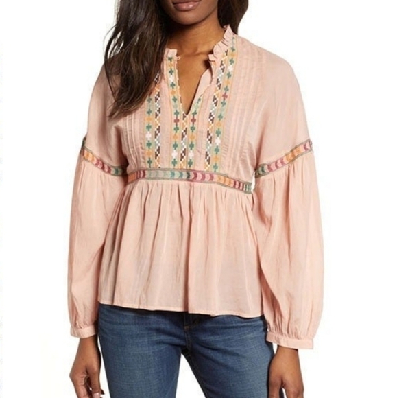 Lucky Brand Embroidered Peasant Top Coral - Medium - Picture 1 of 5